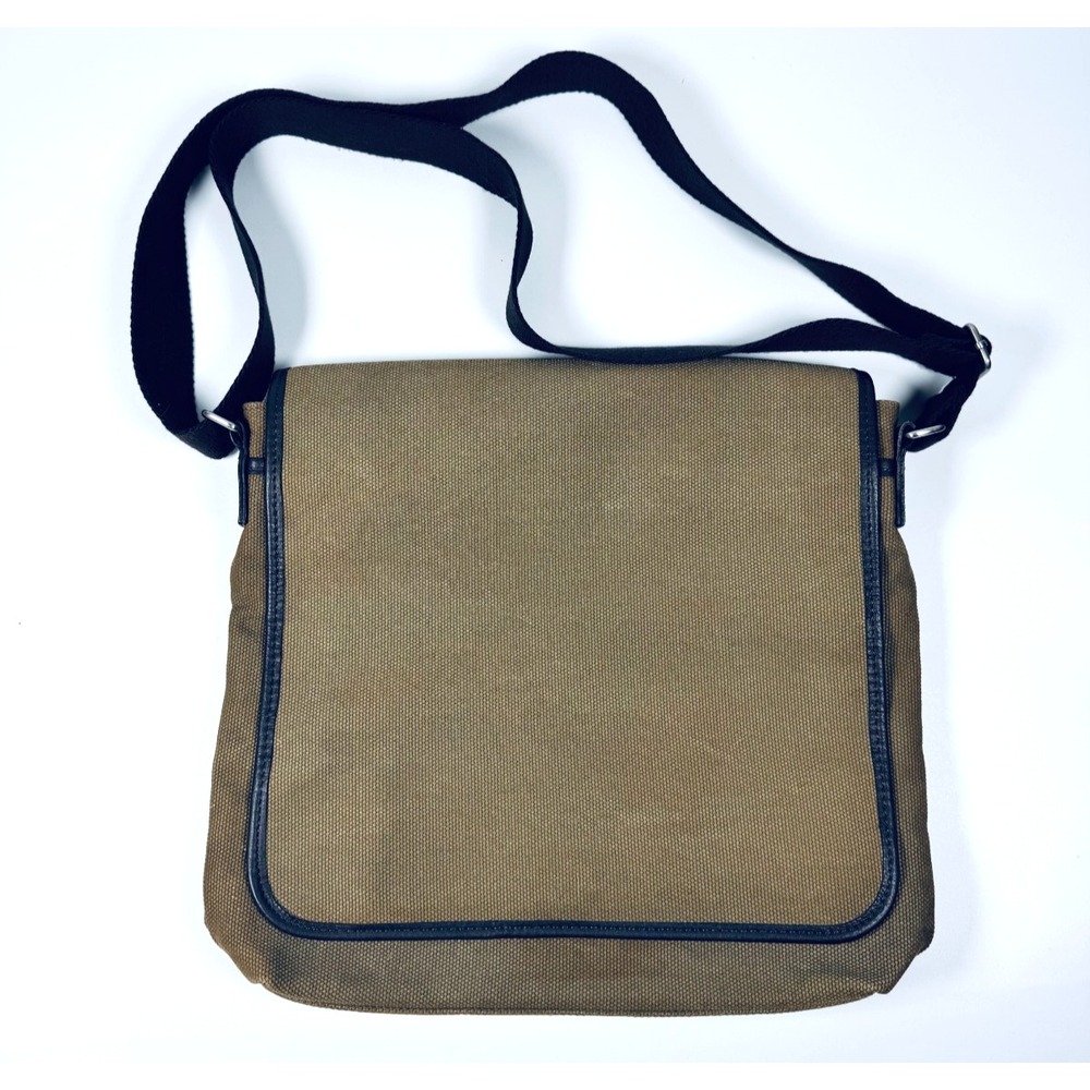 Levenger Canvas Crossbody Messenger Bag Olive Green Brown Leather Trim Utility